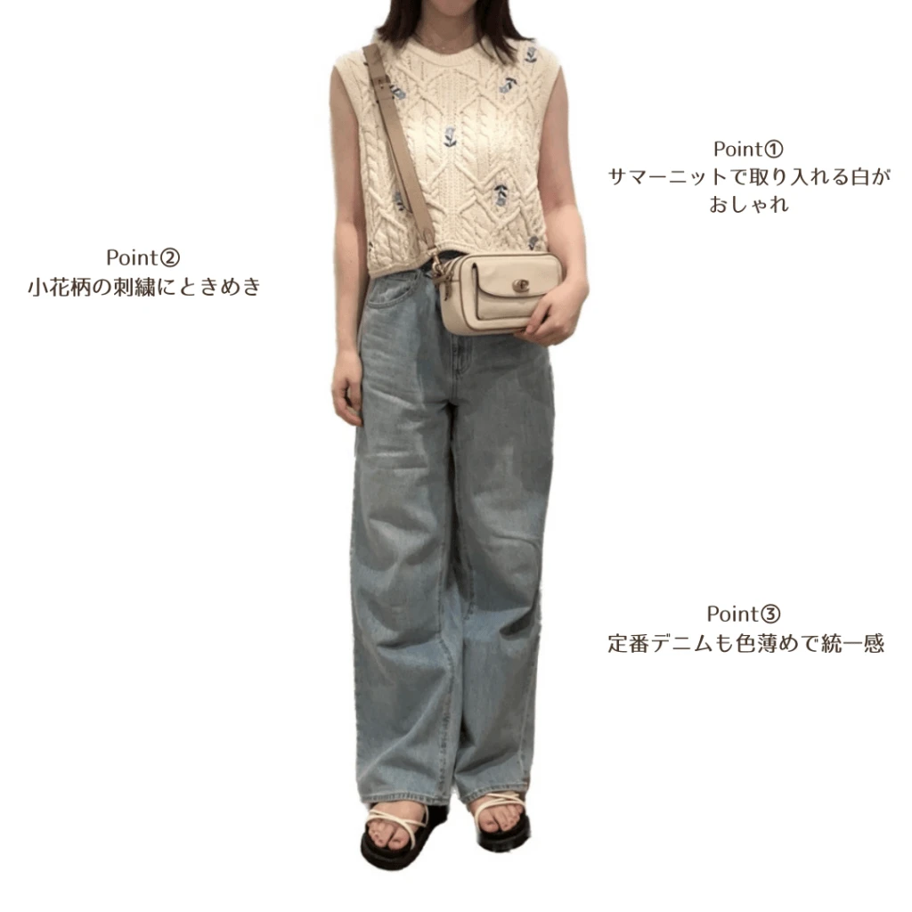 大学生コーデ　サマーニット　ホワイトコーデ　トップス／ZARA、デニム／GU、サンダル／ORental TRaffic