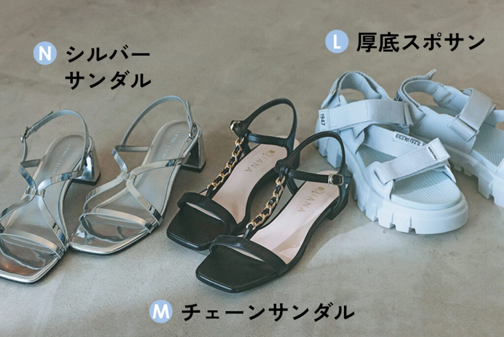 L厚底スポサン
Mチェーンサンダル
Nシルバーサンダル