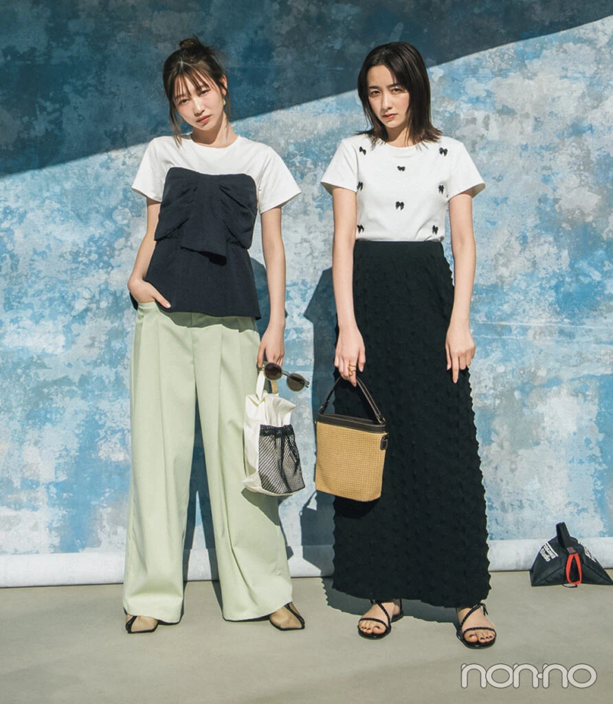 リボンtシャツを着た岡本夏美と堀田真由1