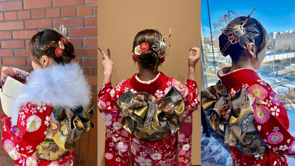 大学生の成人式ロングヘアアレンジ　編み込みシニヨンの後ろ姿
