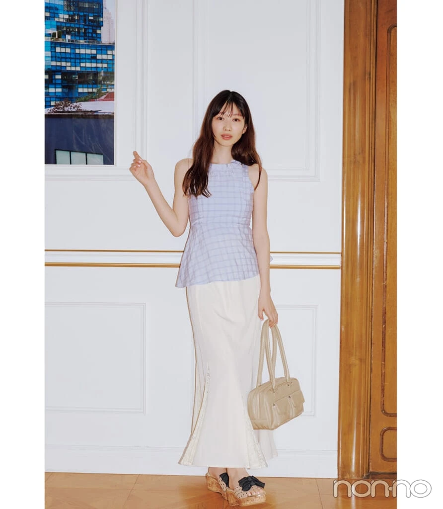 岡本夏美のティアードミニワンピの印象チェンジテク1