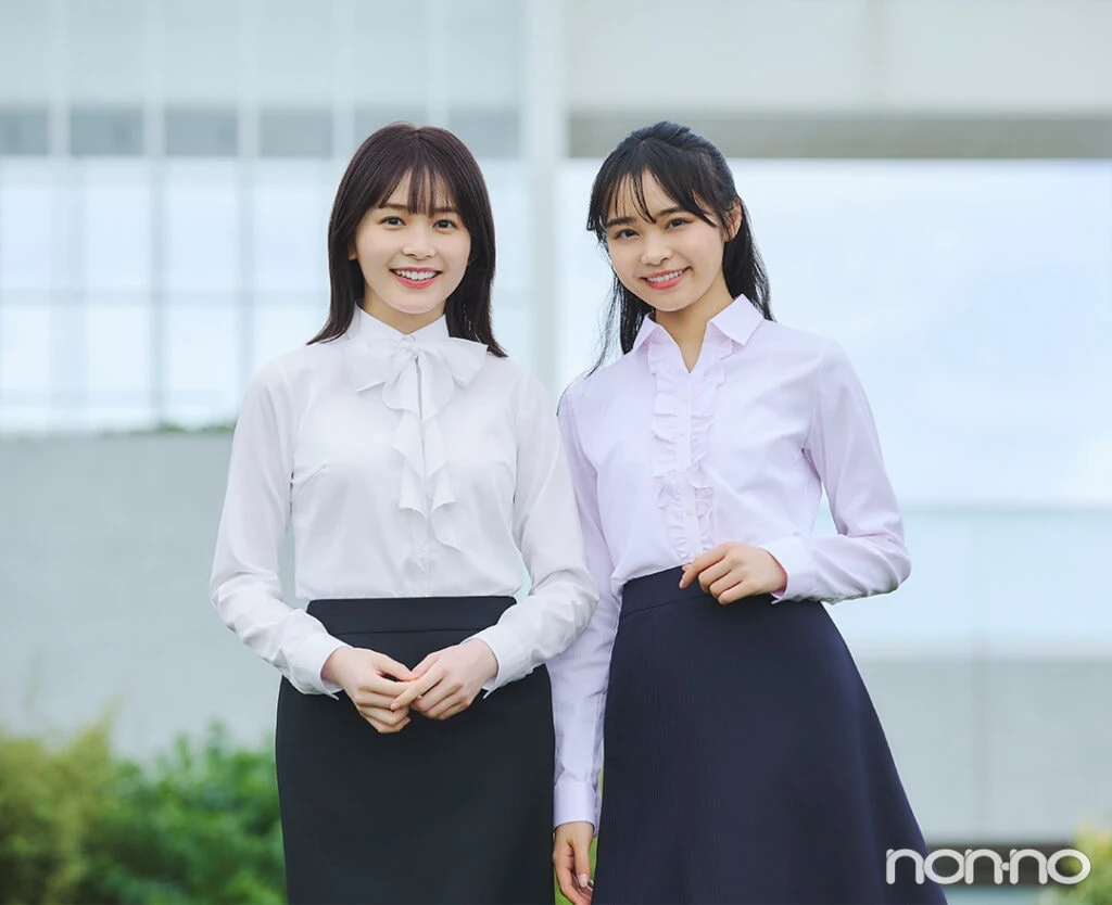 久間田琳加 林芽亜里 「洋服の青山」華やかブラウス