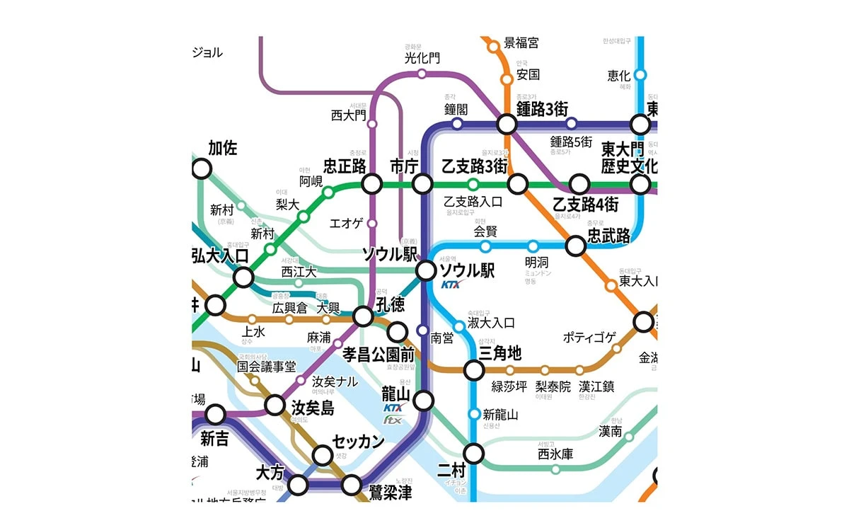 韓国旅行におすすめのSubway画面　ソウル駅周辺の路線図