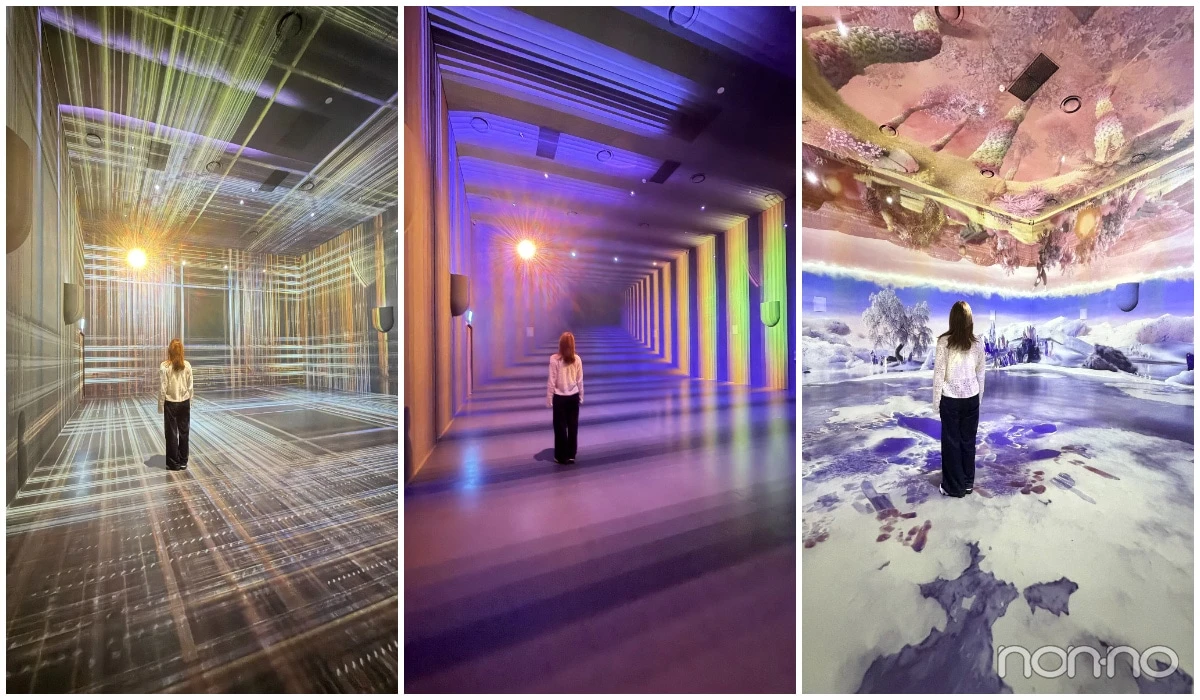 夏のアート施設LeSpaceの360度アート空間を見ている女性
