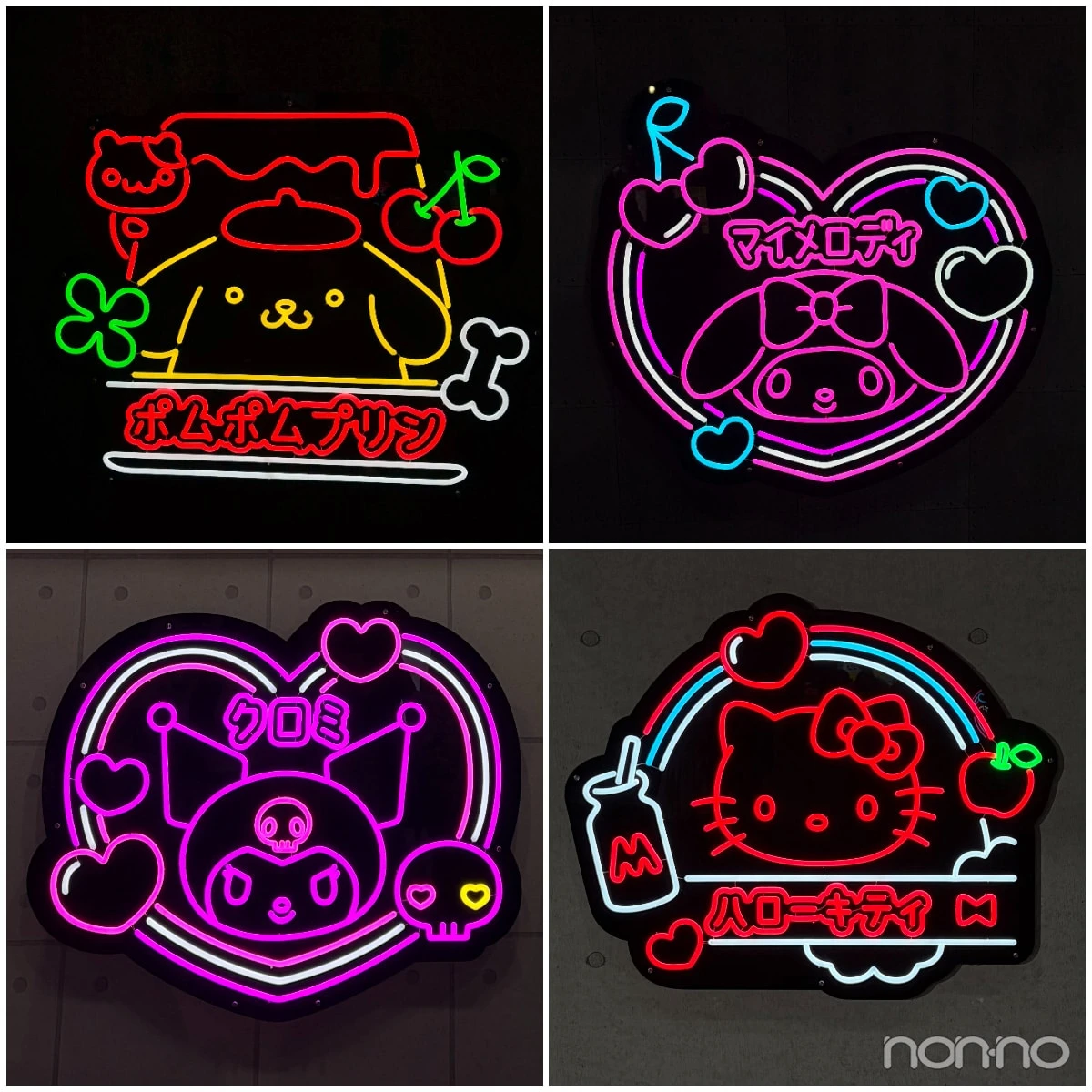 サンリオフェス2026inみなとみらいのフォトスポット　ネオンのキャラクター ポムポムプリン、マイメロディ、クロミ、ハローキティ
