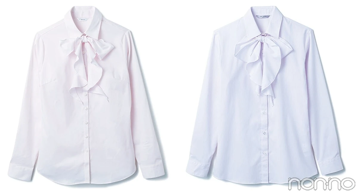 大学入学式の女性のスーツにおすすめのピンクのボウタイブラウス　洋服の青山（&ress）とAOKI