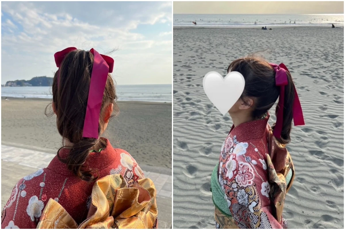 大学生の成人式ロングヘアアレンジ　リボンを使った高めポニーテールの後ろ姿と横顔