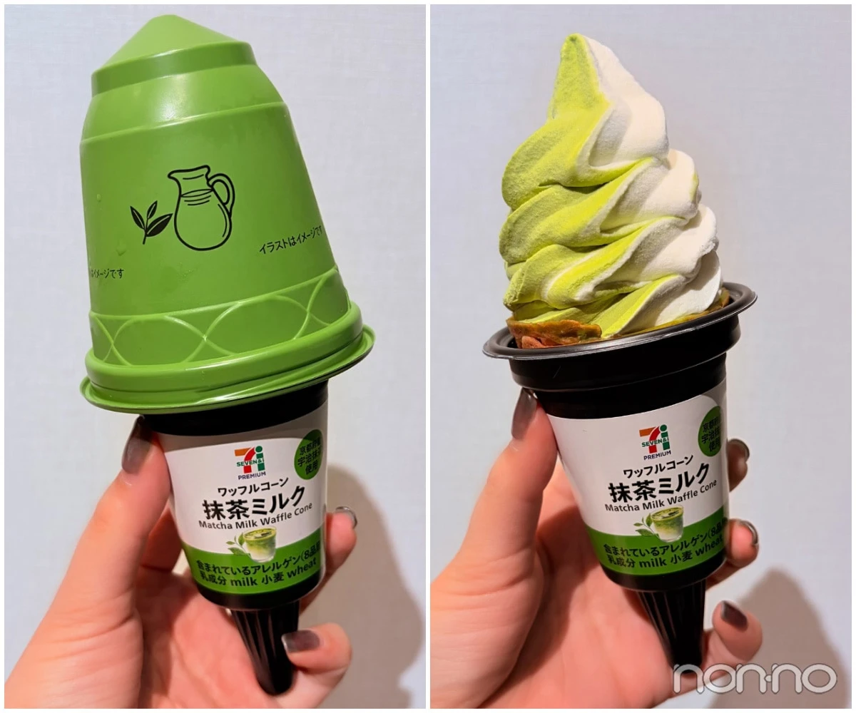 【セブン新作】セブンプレミアム ワッフルコーン 抹茶ミルク パッケージの写真と蓋を取った状態で持っている写真