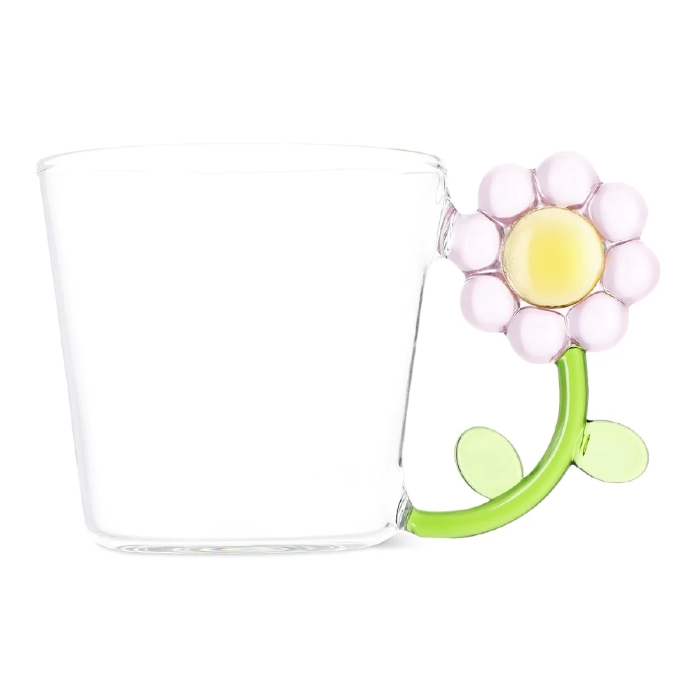 フライングタイガーの持ち手がピンクのお花のガラスコップ