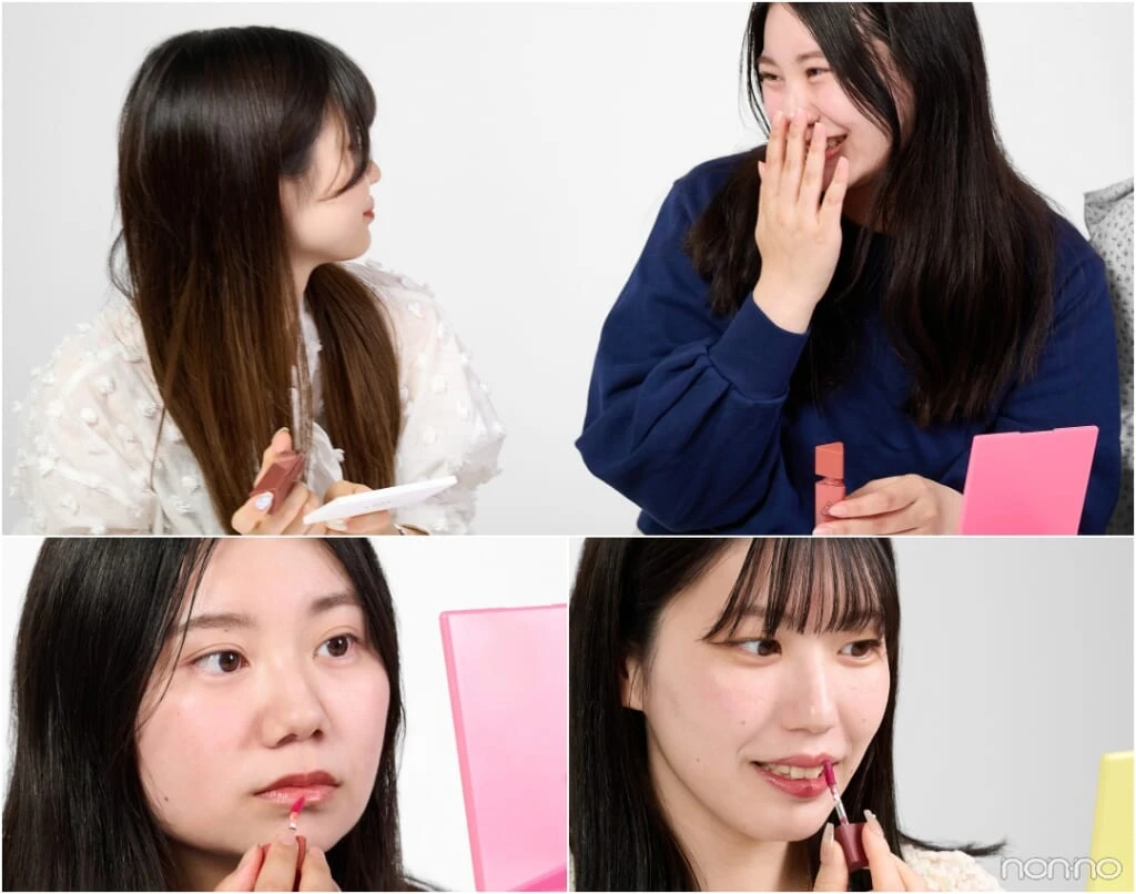 3CEの新作リップ「ガミーオイルティント」のお試しを始めた大学生エディターズ4